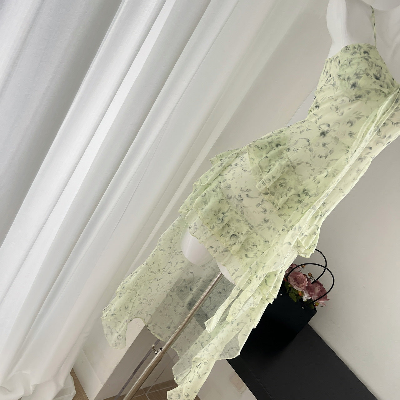 Soft Meadow Floral Chiffon Hi-Low Dress