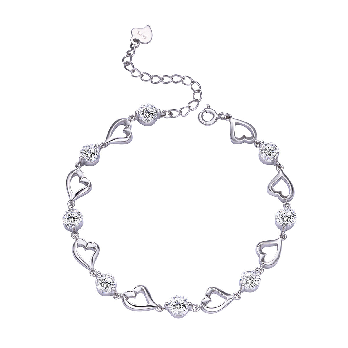 Silver bracelet with heart-shaped links on a white background
