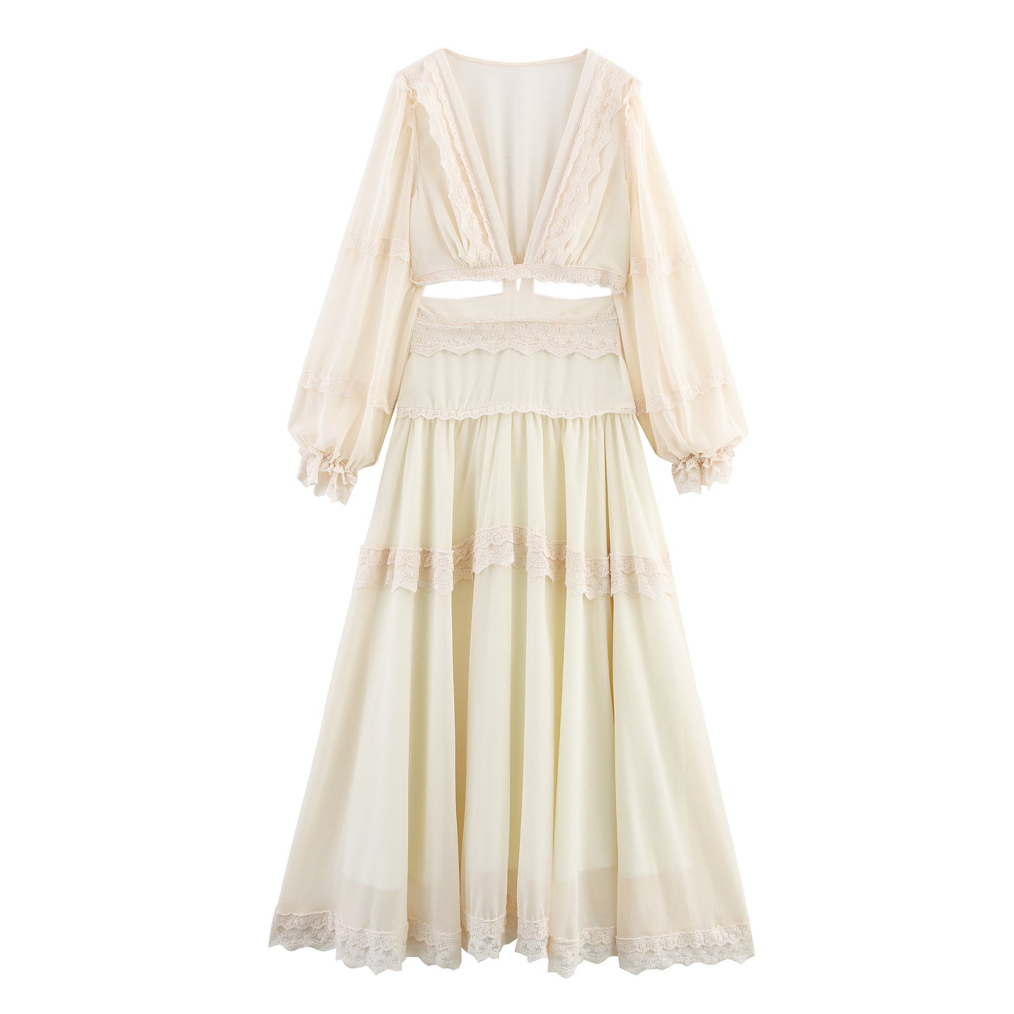 Cream-colored dress with long sleeves and a layered skirt on a white background