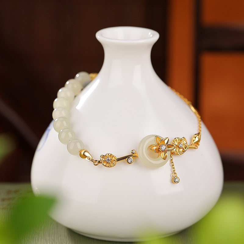 S925 Hetian-Style Jade Peace Bracelet — Gentle Lotus Glow