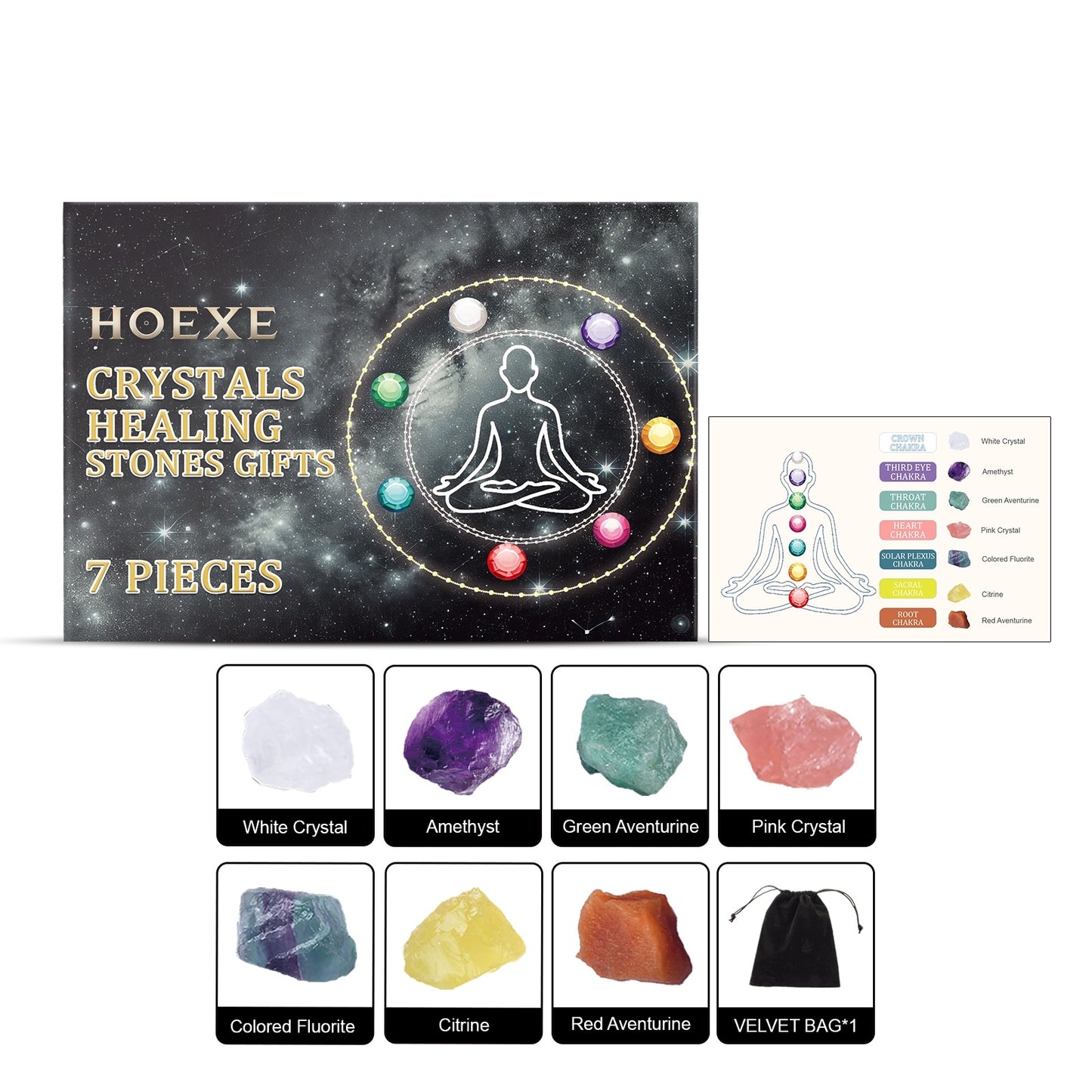 HOEXE crystals healing stones gift set with packaging and stones displayed.