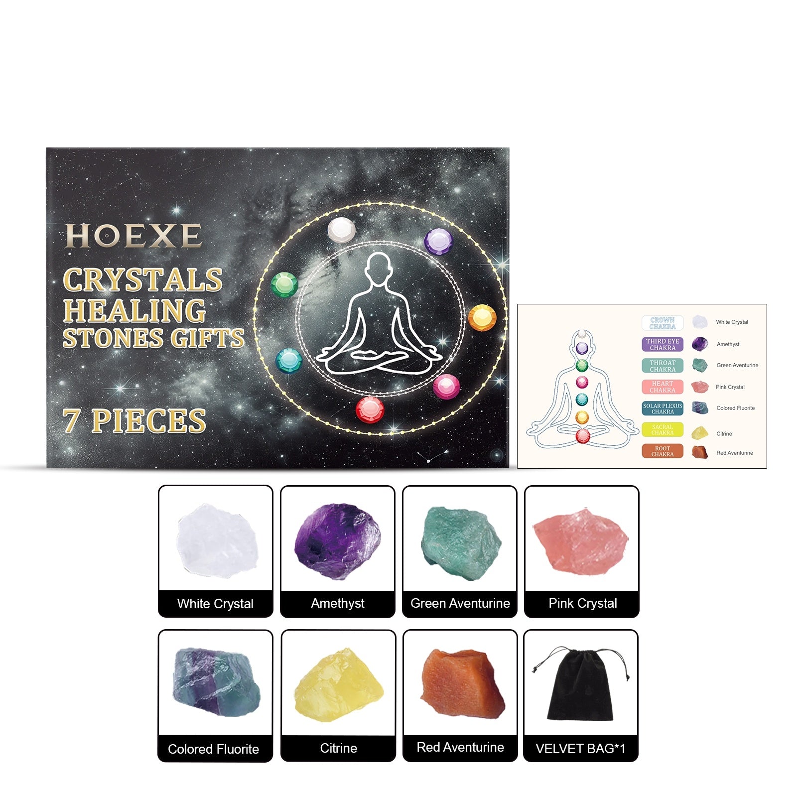 HOEXE crystals healing stones gift set with packaging and stones displayed.