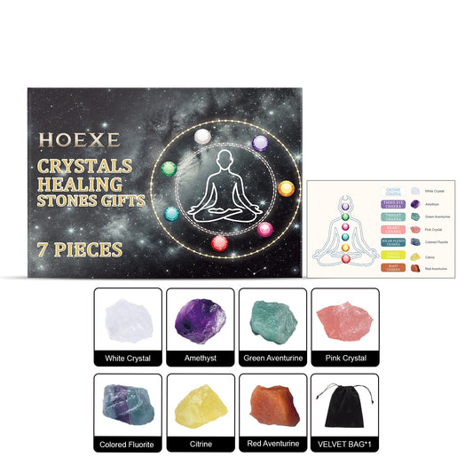 HOEXE crystals healing stones gift set with packaging and stones displayed.
