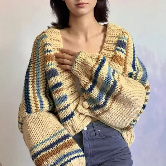 Striped Cozy Knit Cardigan – Soft Loose-Fit Sweater with Button Front