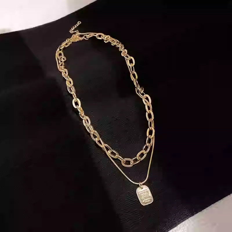 Layered Letter Tag Pendant Necklace – Modern Double Chain Design