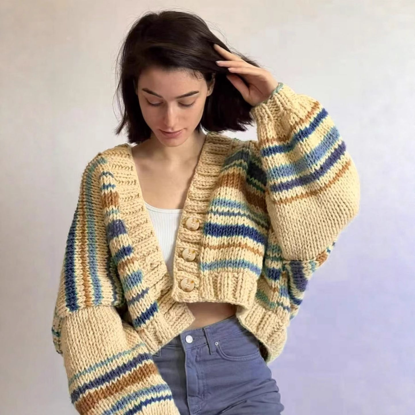 Striped Cozy Knit Cardigan – Soft Loose-Fit Sweater with Button Front