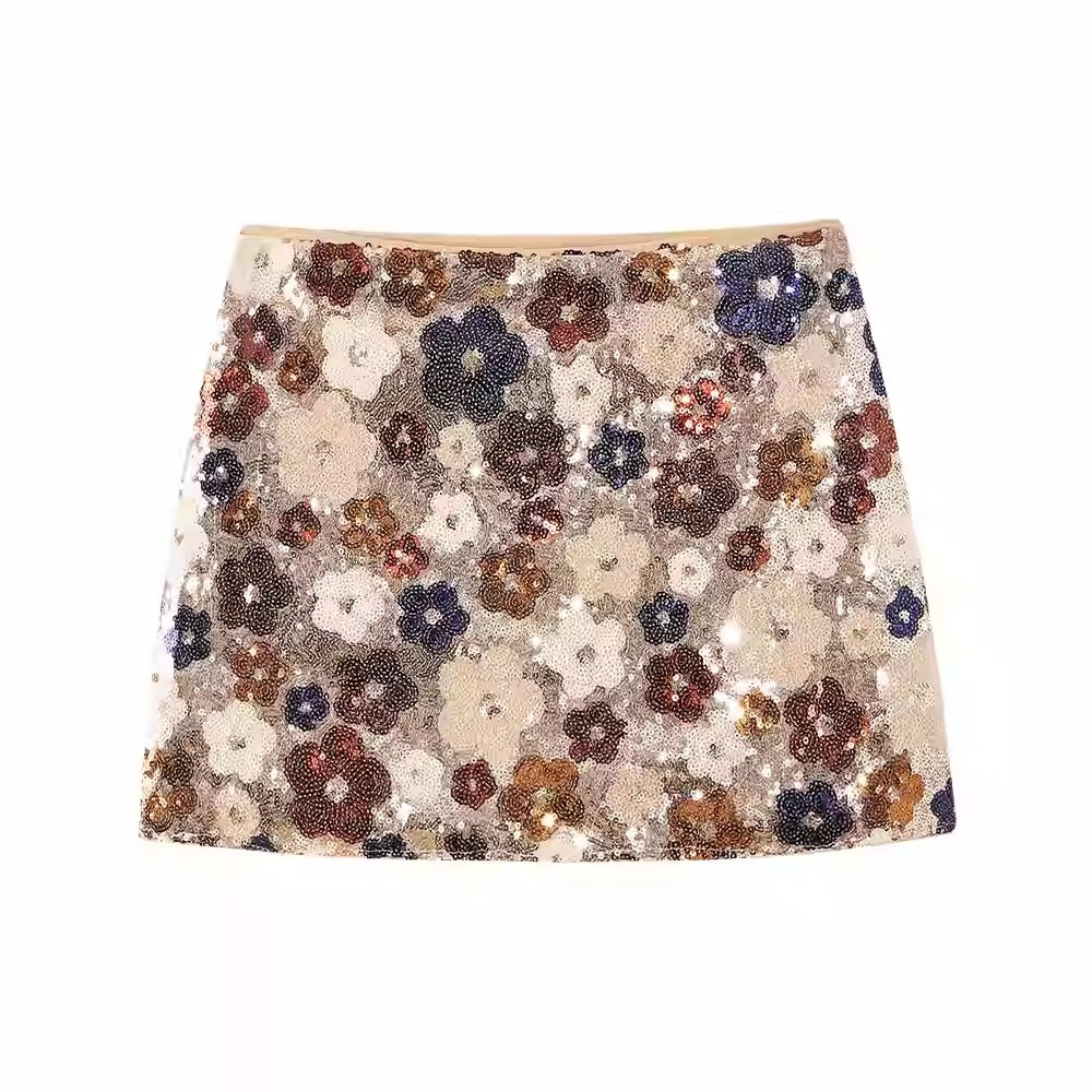 Soft Bloom Sequin Embroidery A-Line Skirt