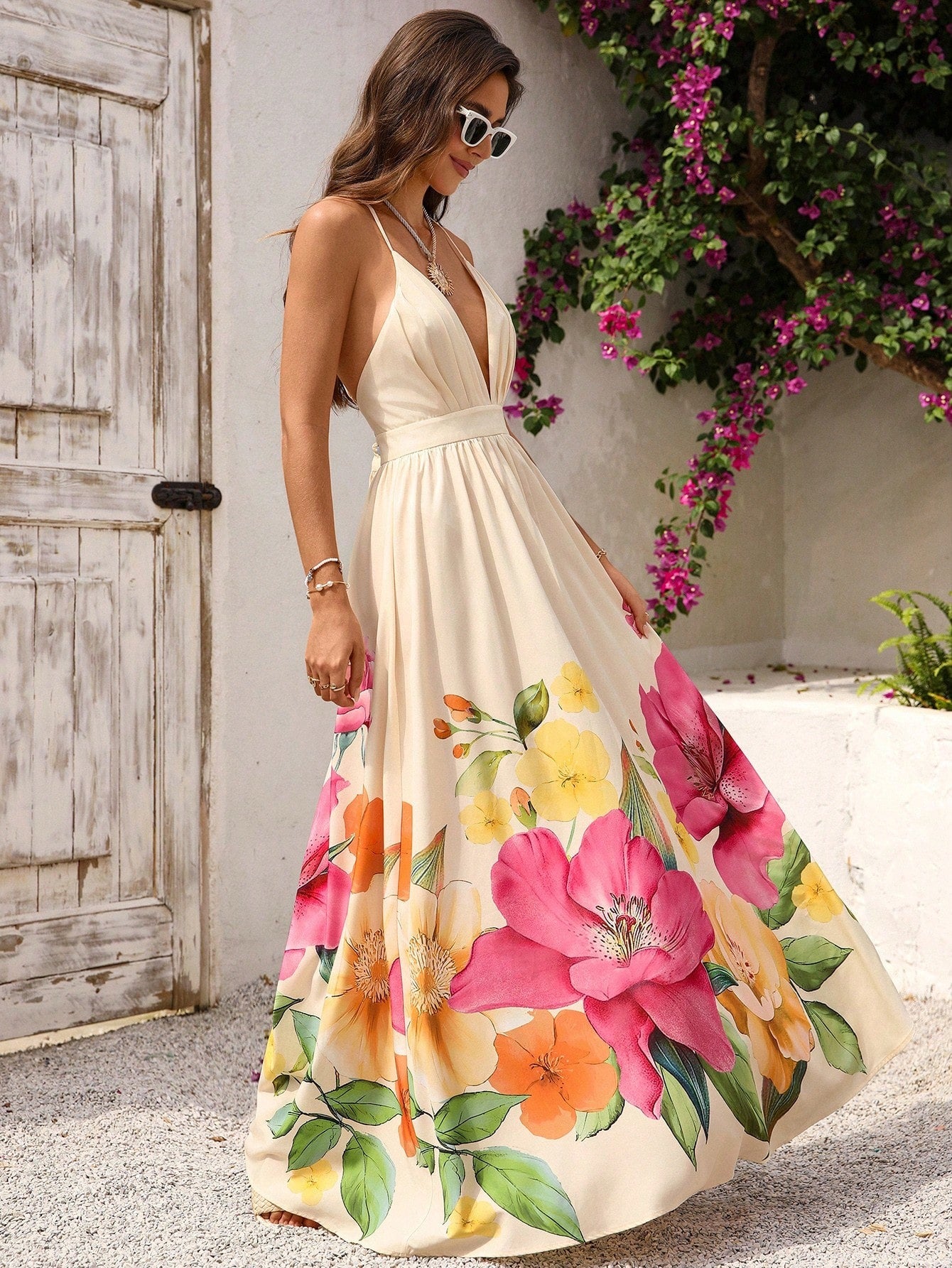 Floral Deep V Backless Maxi Dress