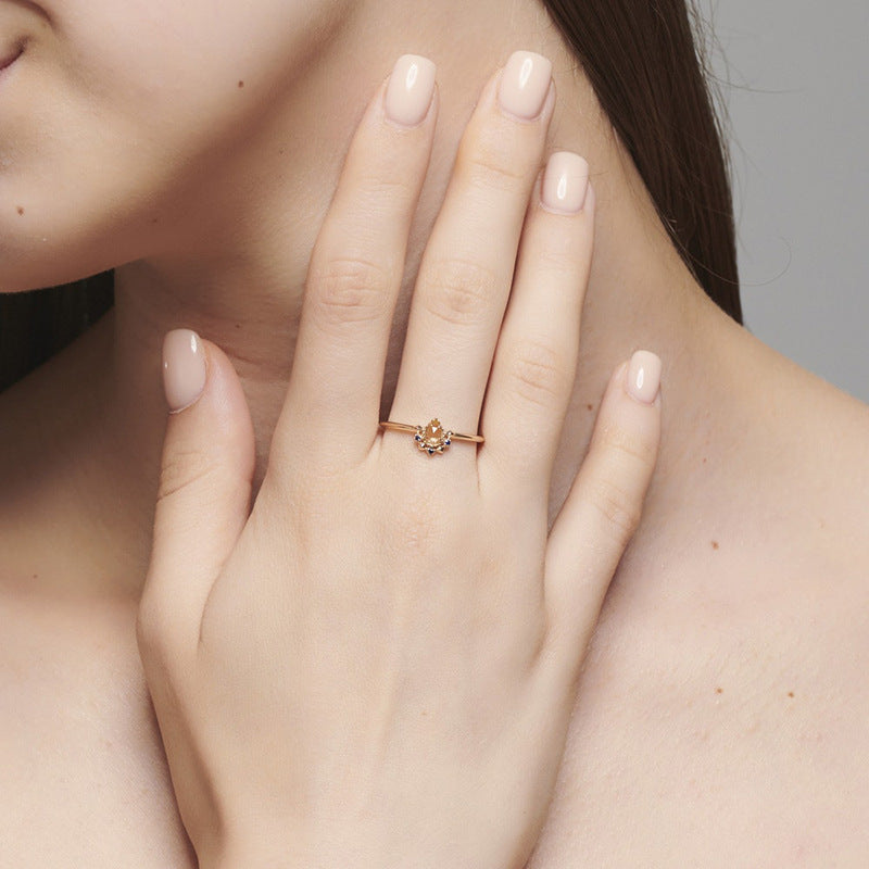 S925 Natural Lemon Crystal Ring – Japanese Vintage-Inspired Elegant Design