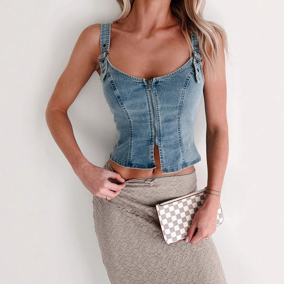 Denim Zip-Up Tank Top – Slim Fit Sleeveless Street Style