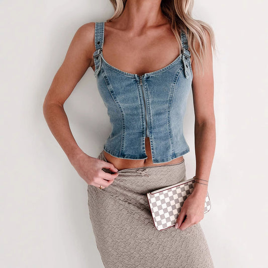 Denim Zip-Up Tank Top – Slim Fit Sleeveless Street Style