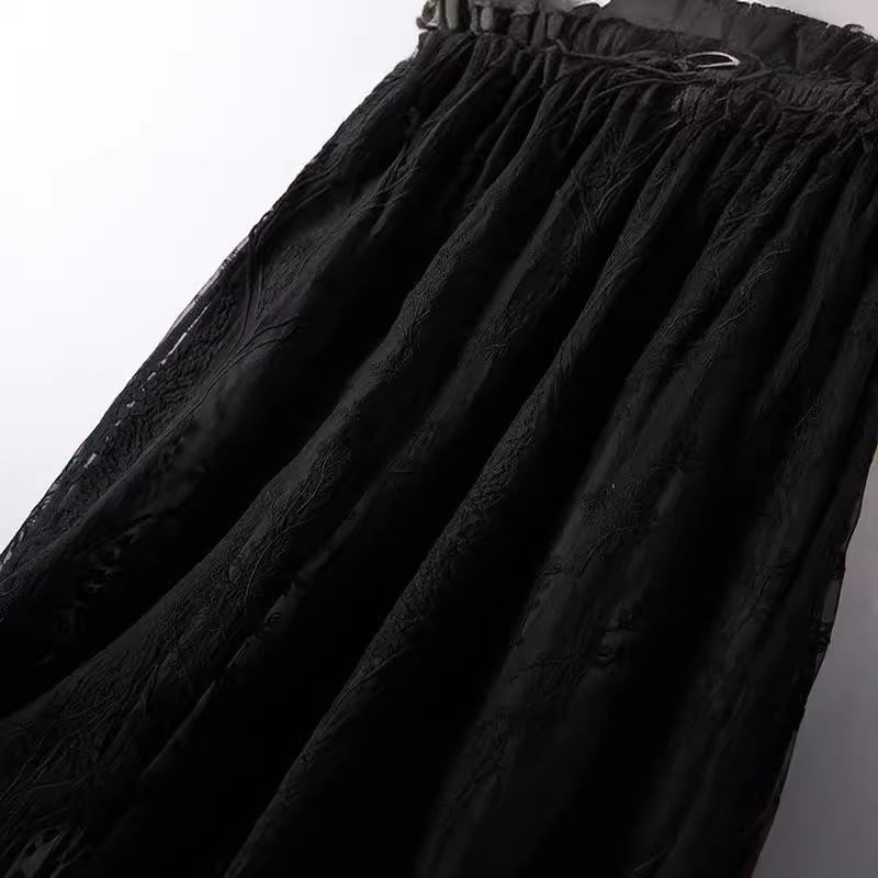 Soft Grace Embroidered Silk Pleated Maxi Skirt