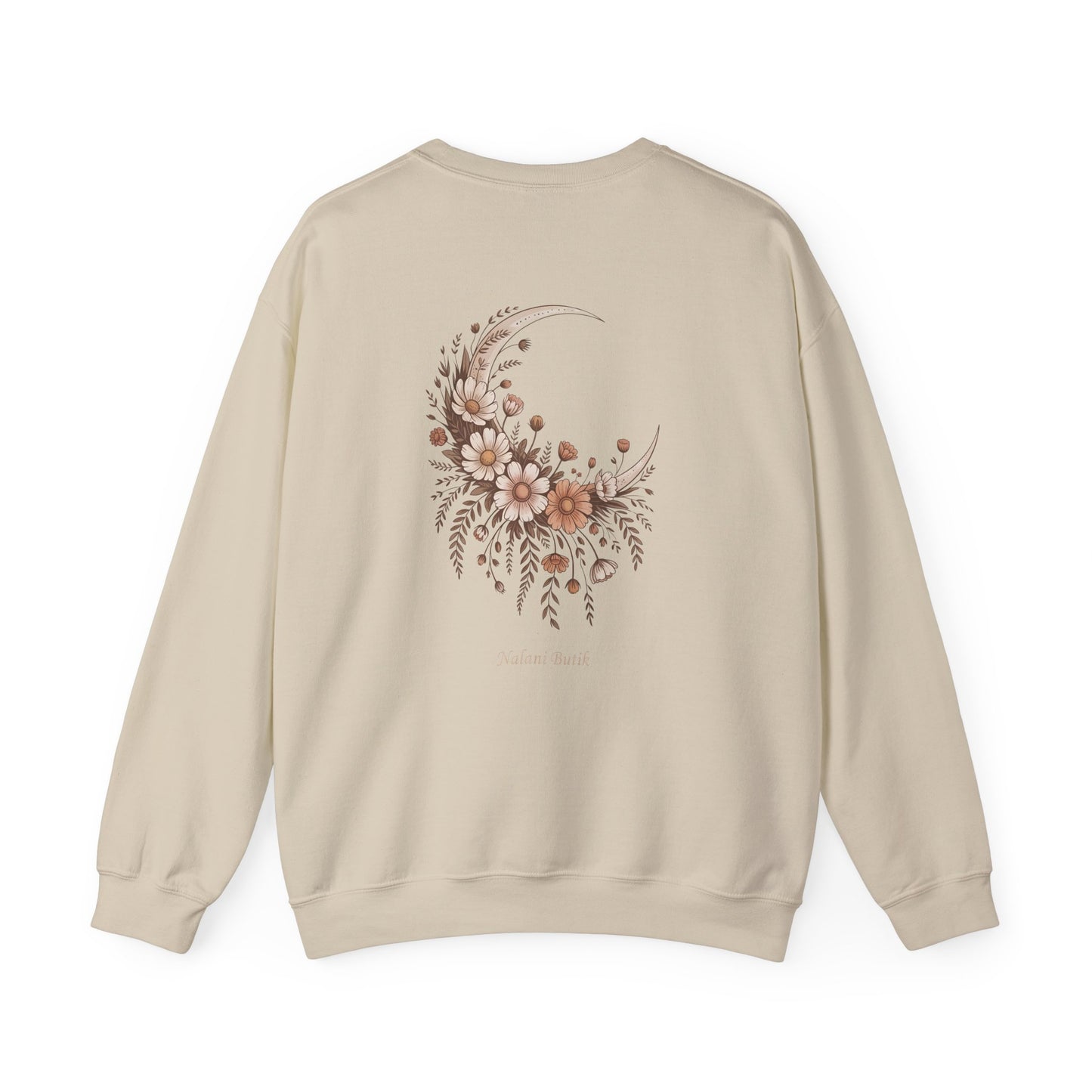 Floral Crescent Moon Crewneck Sweatshirt — Boho Moonlit Floral Graphic