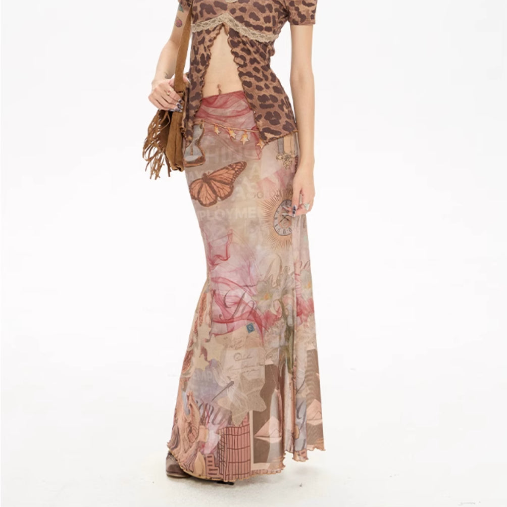 Woman wearing a patterned dress with a white background