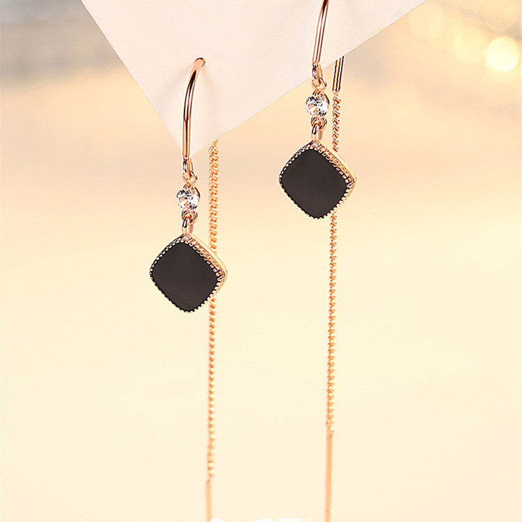 Black Square Sterling Silver Tassel Threader Earrings