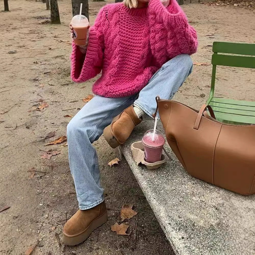 Cozy Flared-Sleeve Knit Sweater – Soft Round-Neck Loose Fit Pullover