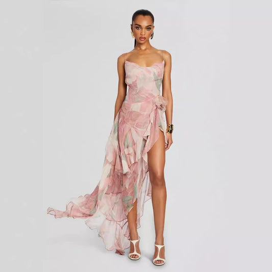 Lotus Ruffle High-Low Slip Dress