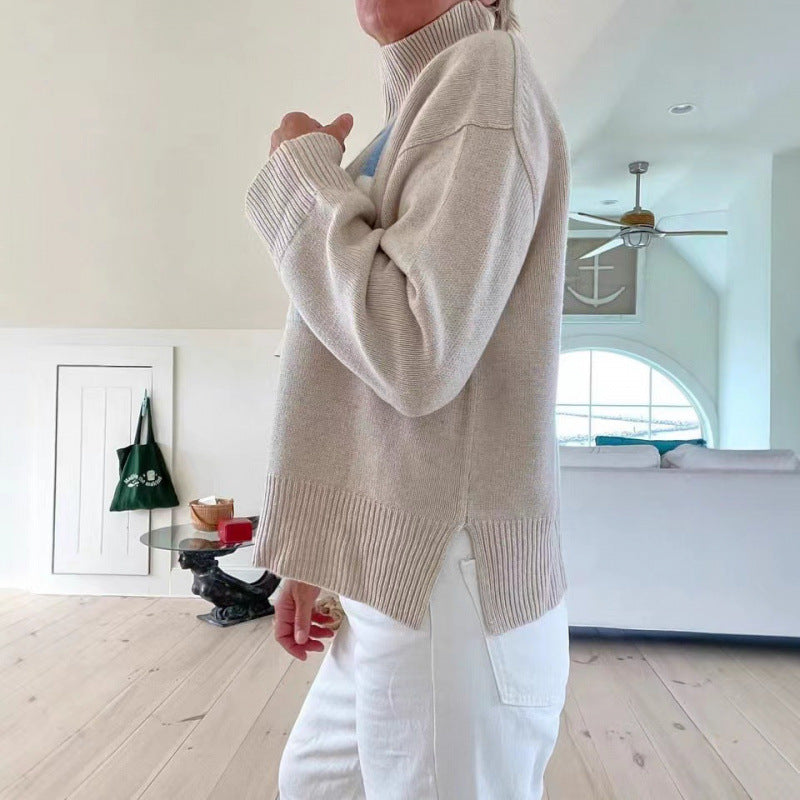 Cozy Turtleneck Knit Sweater with Letter Print – Loose Fit