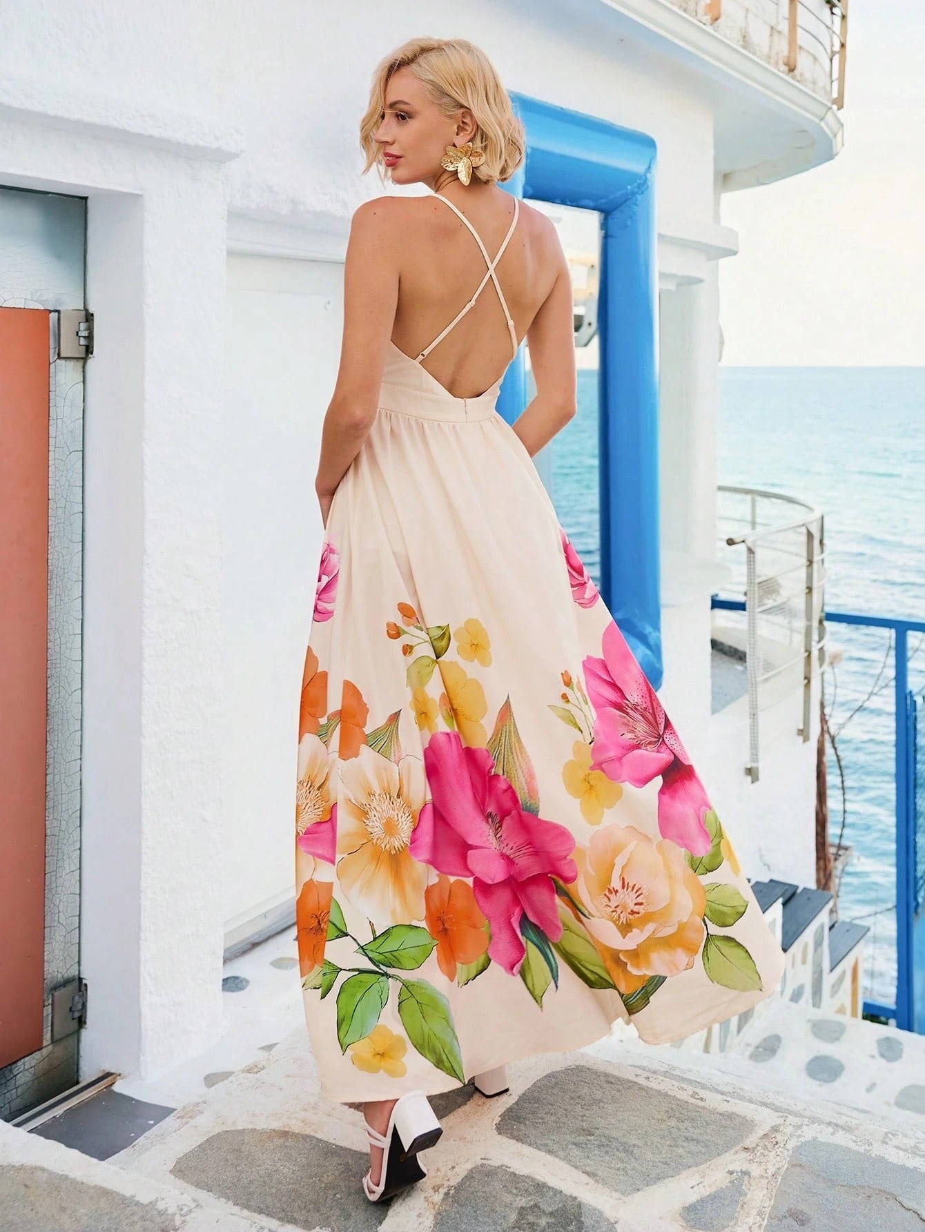 Floral Deep V Backless Maxi Dress