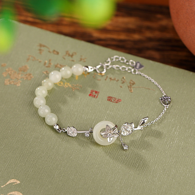 S925 Hetian-Style Jade Peace Bracelet — Gentle Lotus Glow