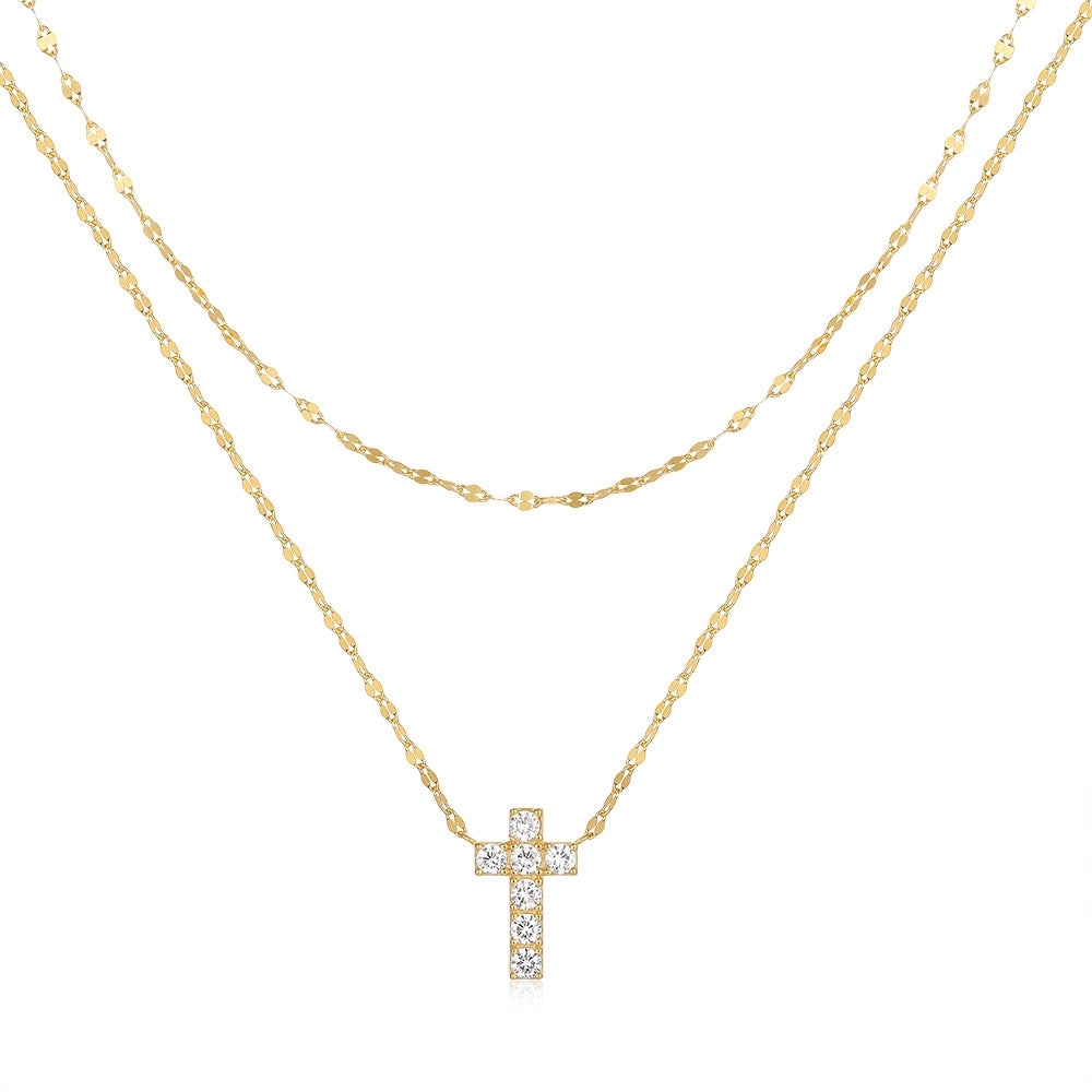 S925 Sterling Silver Twin-Layer Cross Necklace – Diamond-Studded Elegant Shine