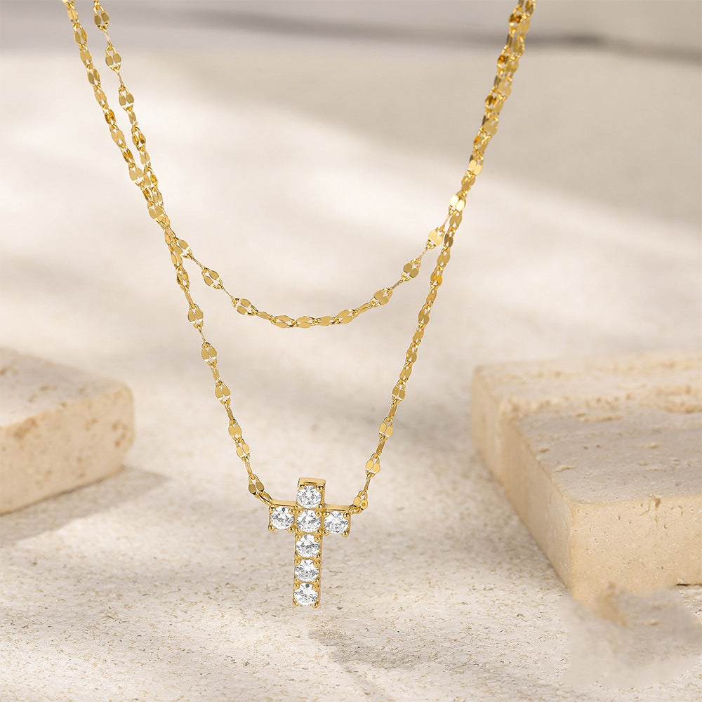 S925 Sterling Silver Twin-Layer Cross Necklace – Diamond-Studded Elegant Shine