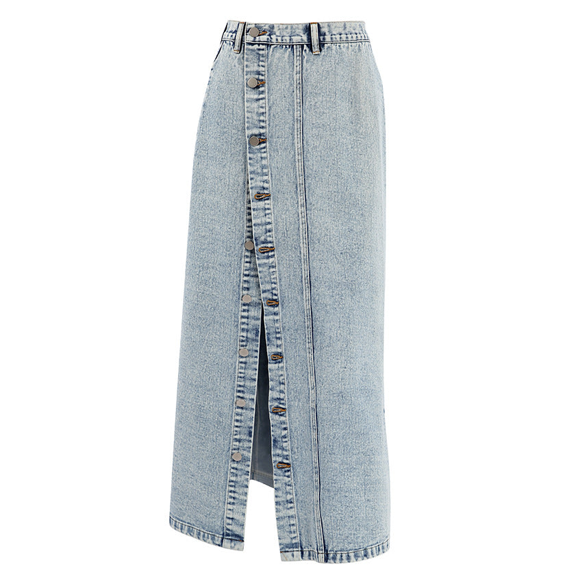 Retro Washed Denim A-Line Maxi Skirt
