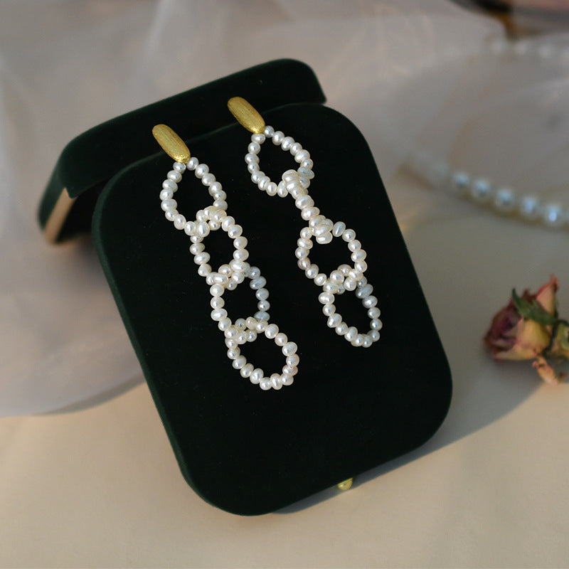 S925 Sterling Silver Natural Freshwater Pearl Chain Earrings – Modern Feminine Elegance