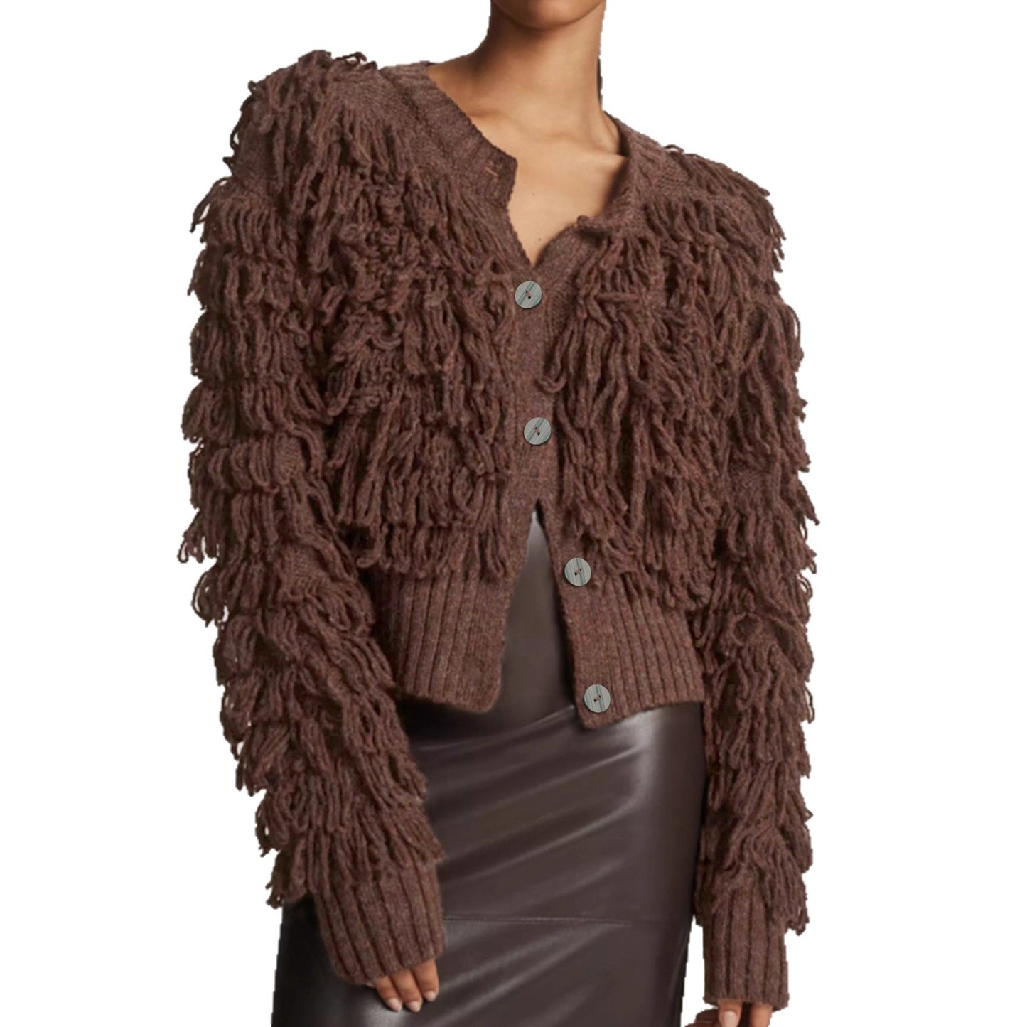 Textured Fringe Knit Cardigan – Statement Loop-Detail Sweater in Soft Brown