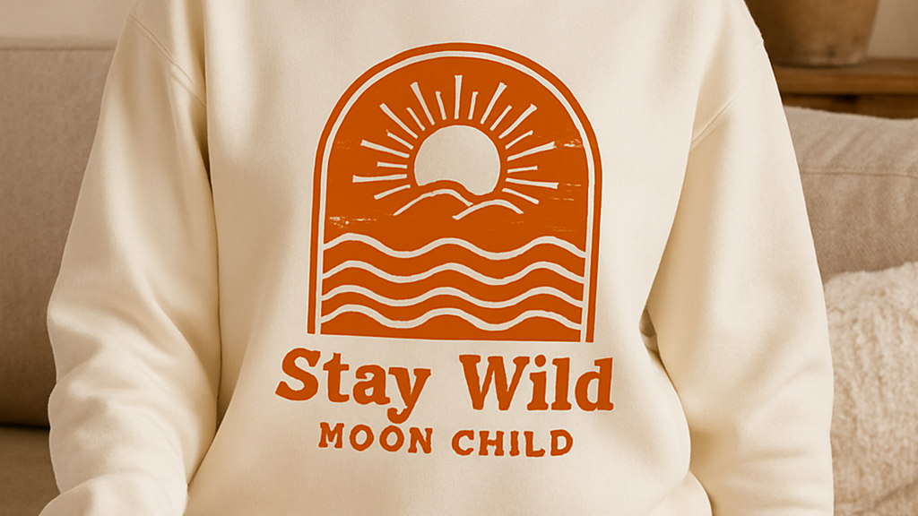 Woman wearing a white sweatshirt with an orange graphic and text, sitting in a cozy room.