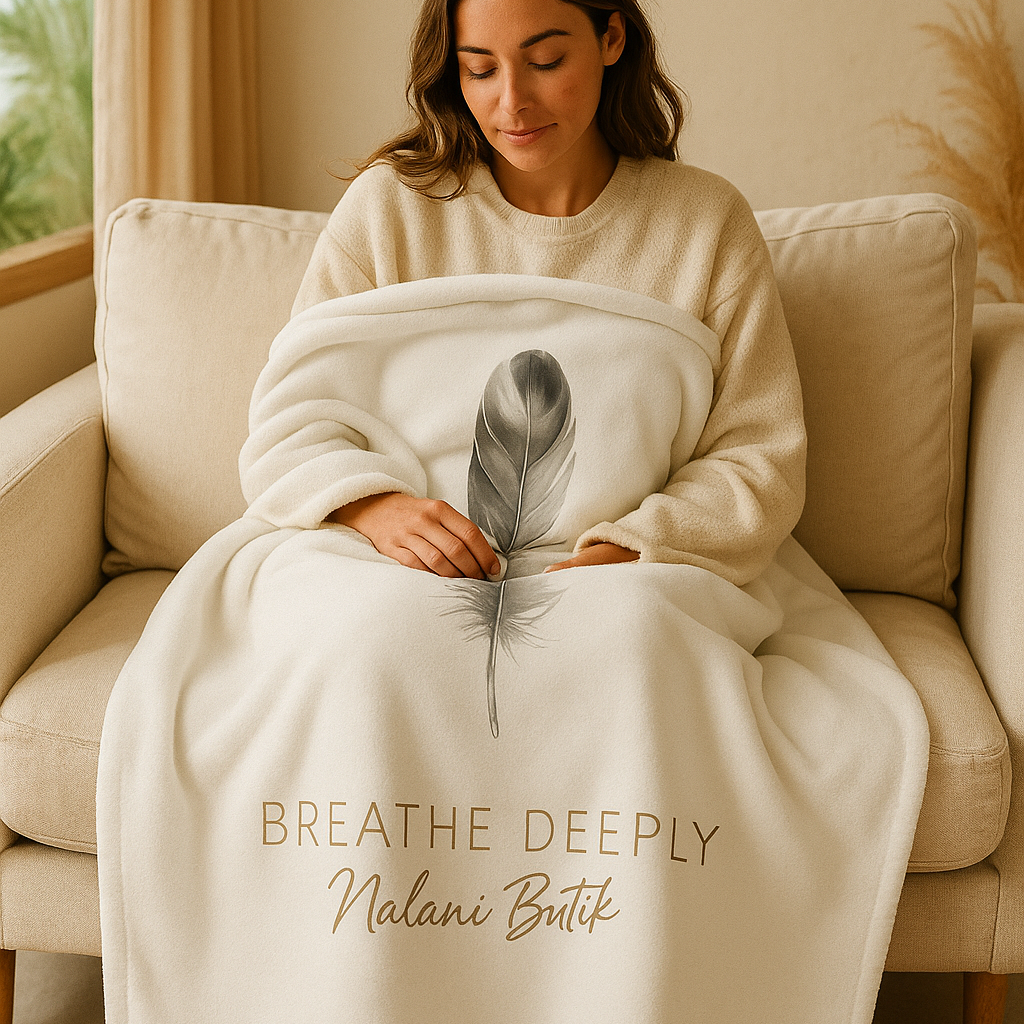 Woman sitting on a couch wrapped in a blanket with a feather design and text.