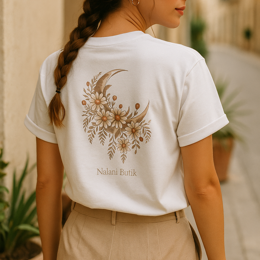 Woman wearing a white t-shirt with a floral design and text, standing in an outdoor setting.