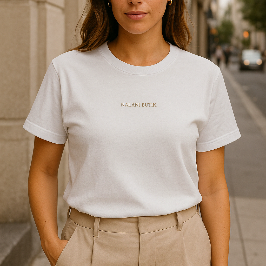 Woman wearing a white t-shirt with text on it, standing on a city street.