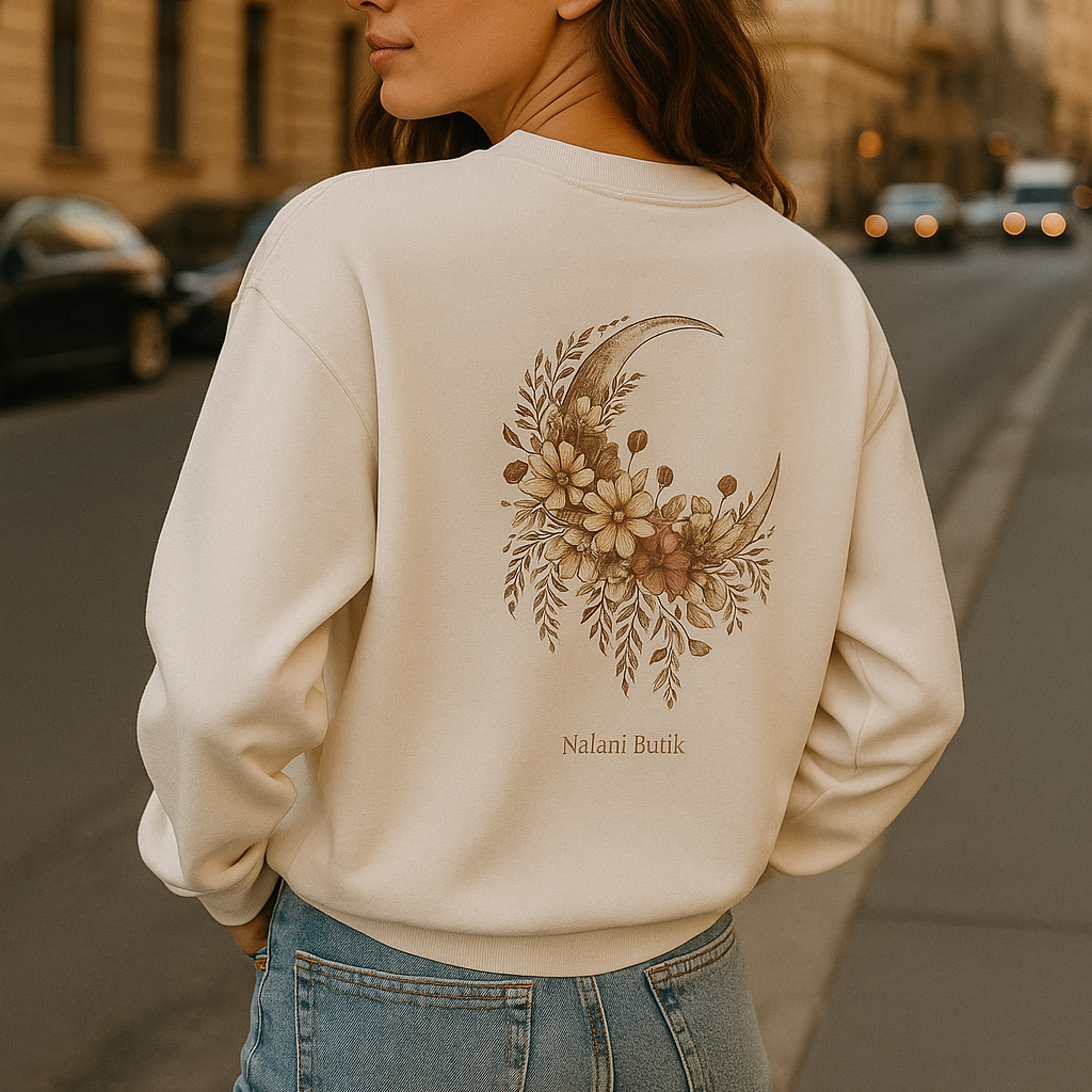 Woman wearing a beige sweatshirt with floral design on a city street