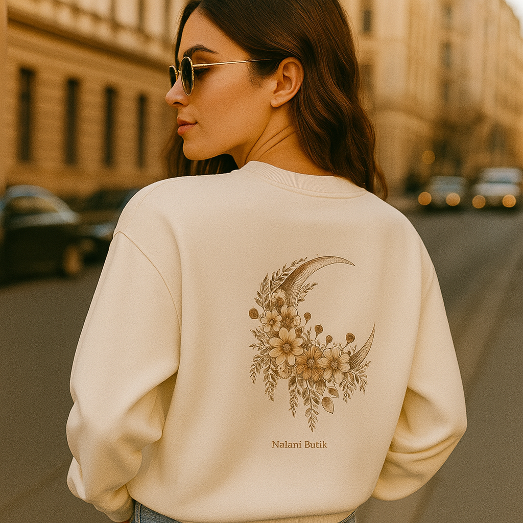 Floral Crescent Moon Crewneck Sweatshirt — Boho Moonlit Floral Graphic