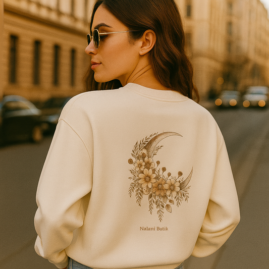 Floral Crescent Moon Crewneck Sweatshirt — Boho Moonlit Floral Graphic