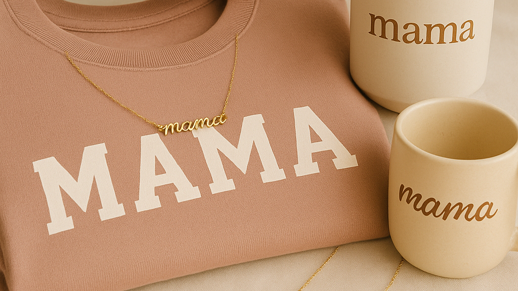 Collection of 'mama' themed products including a shirt, necklace, candle, and pouch on a beige background.