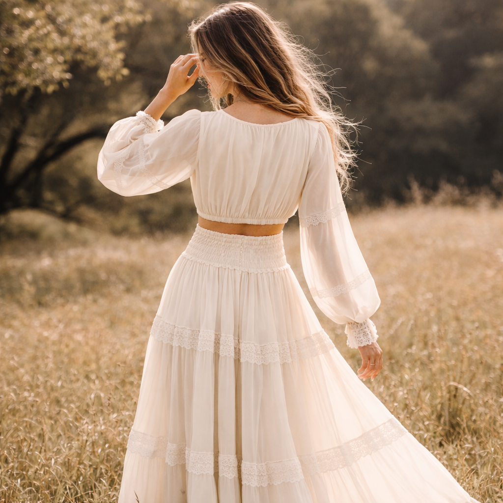 Woman in a flowing white dress standing in a field with trees in the background