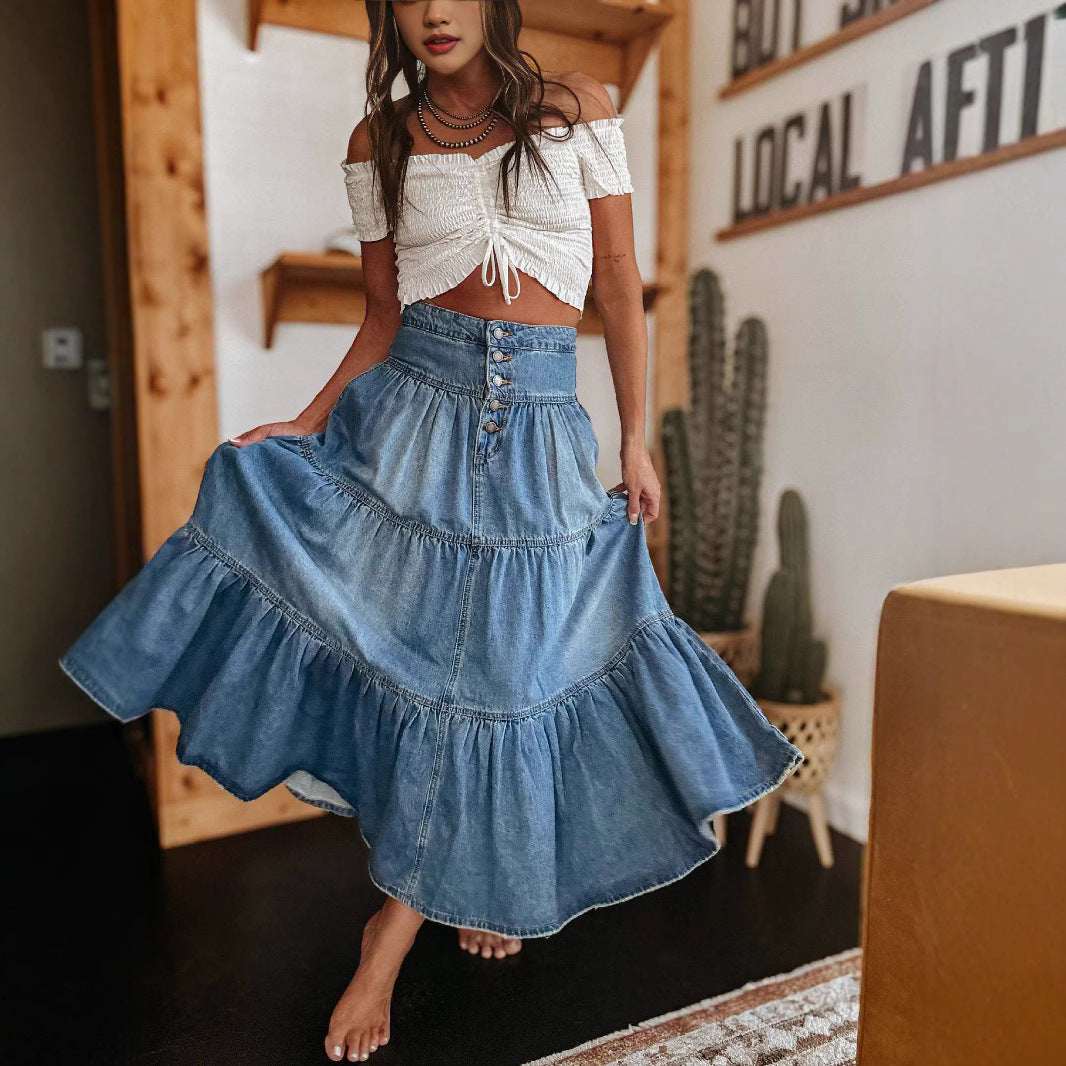 Soft Boho Tiered Denim Midi Skirt