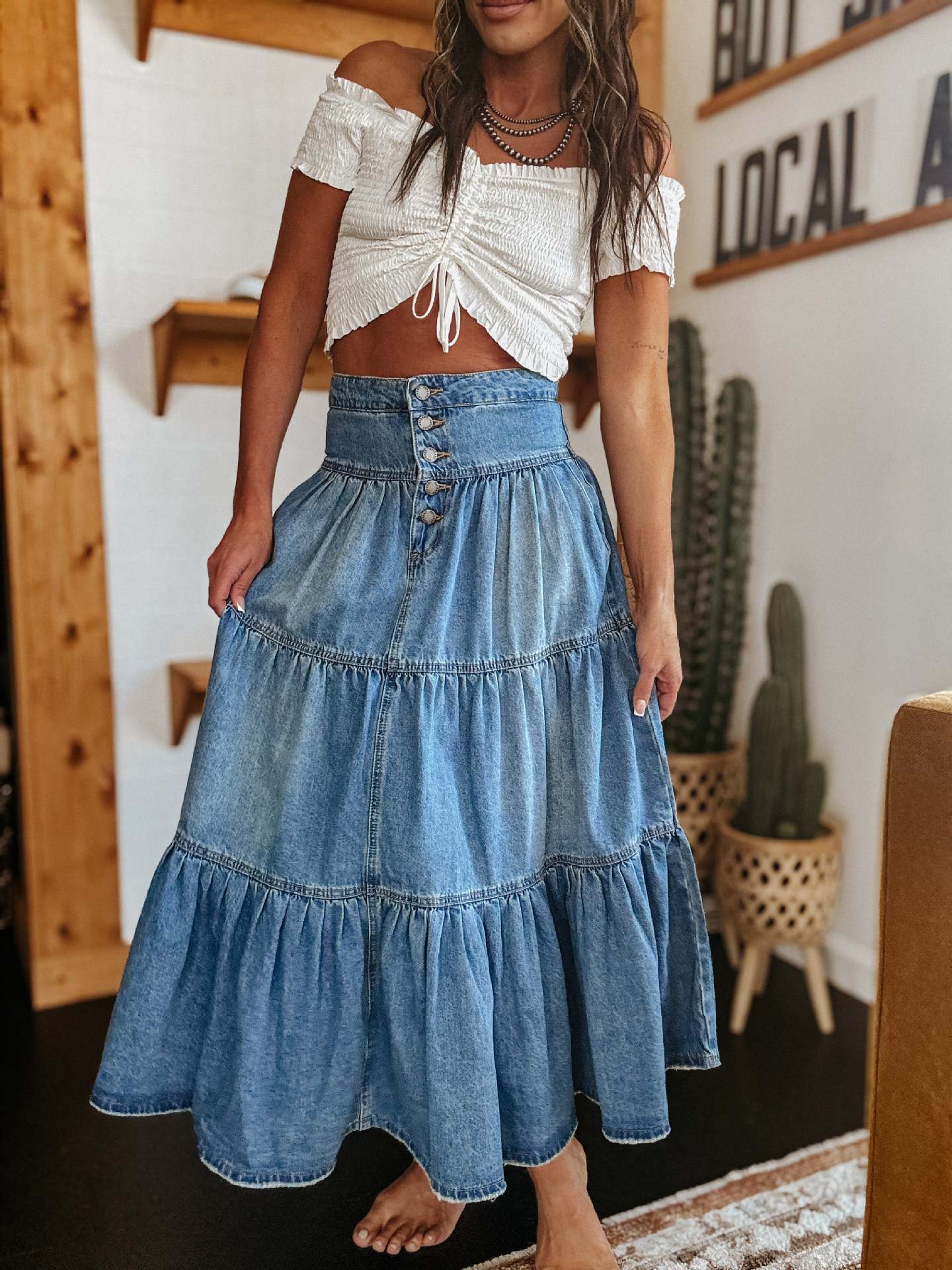 Soft Boho Tiered Denim Midi Skirt