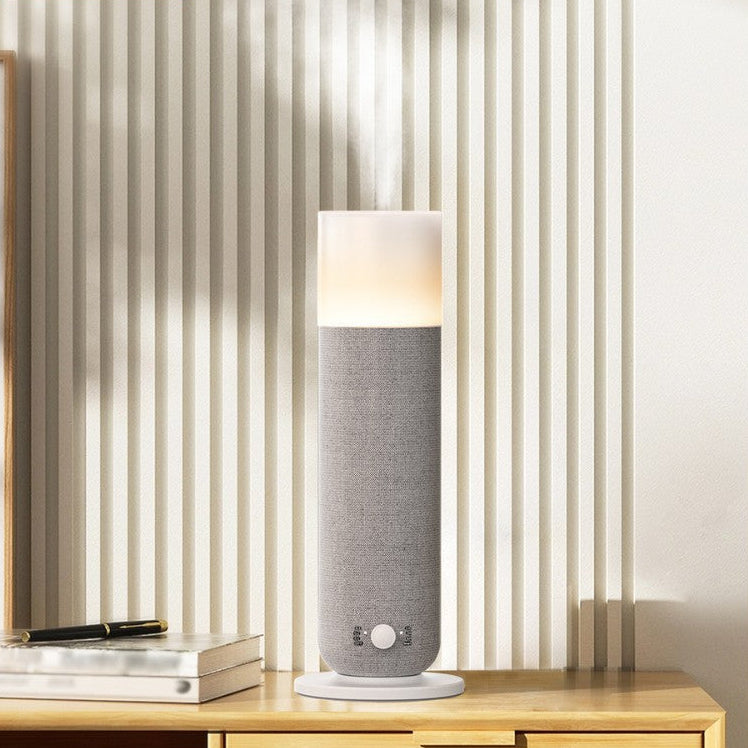 Modern table lamp on a wooden surface with a neutral wall background