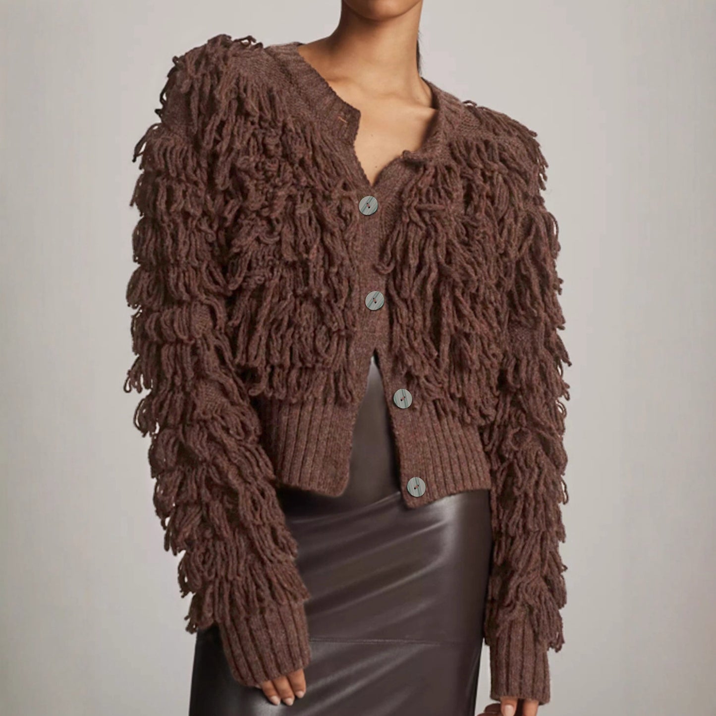 Textured Fringe Knit Cardigan – Statement Loop-Detail Sweater in Soft Brown