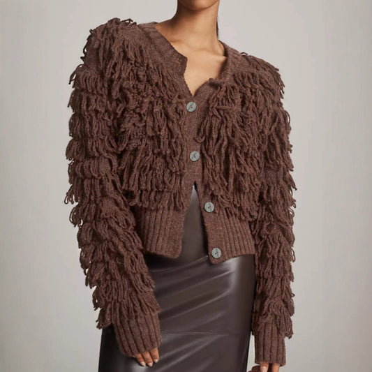 Textured Fringe Knit Cardigan – Statement Loop-Detail Sweater in Soft Brown