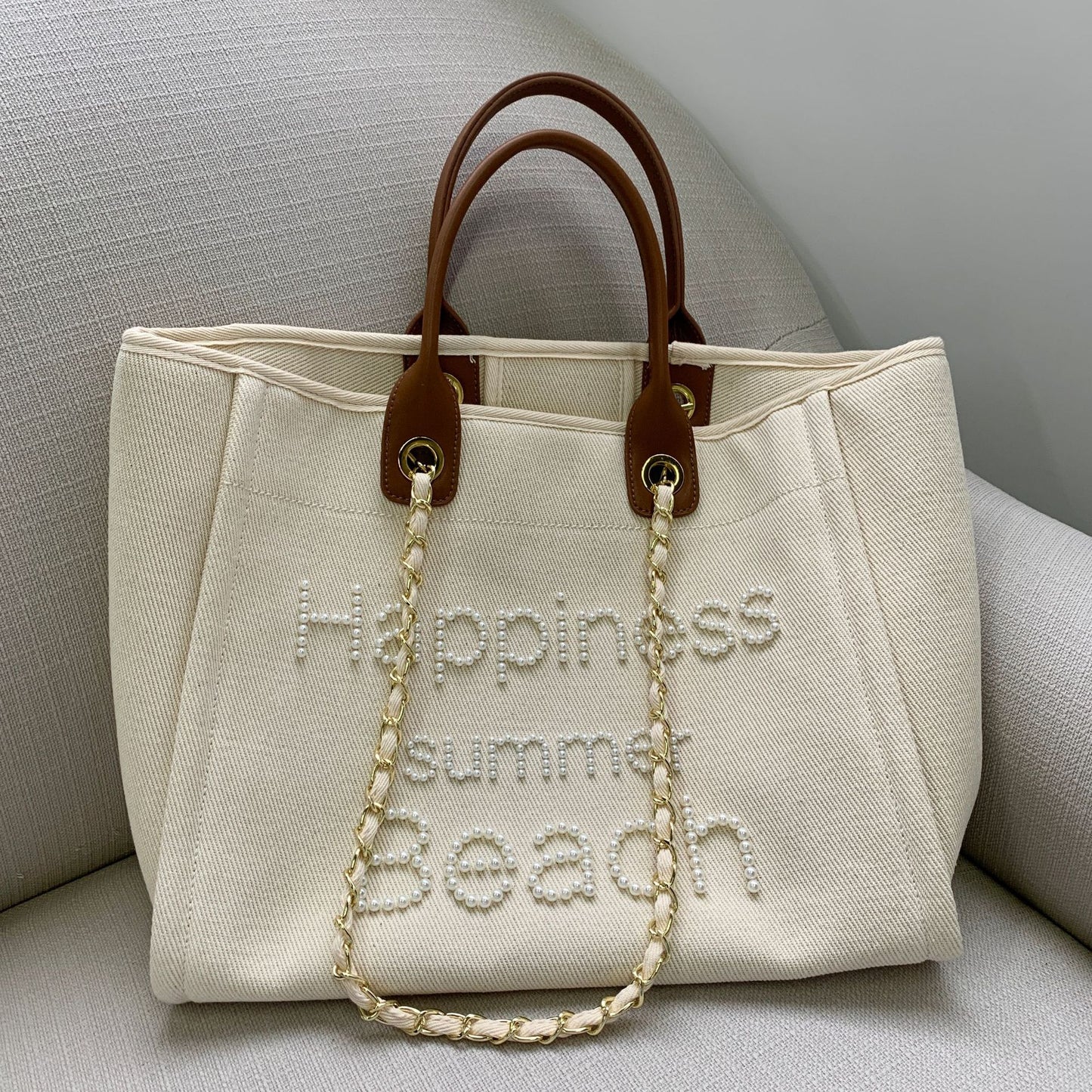 Nalani Luxe Canvas & Leather Pearl Chain Tote Bag