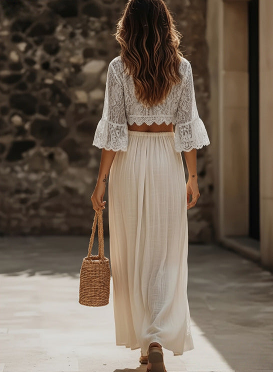 Apricot Lace Boho Two-Piece Skirt Set – Beach Vacation Outfit