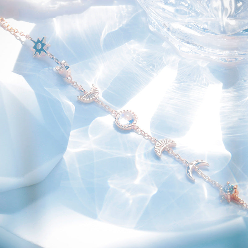 S925 Sterling Silver Star & Moon Bracelet – Natural Moonlight Stone