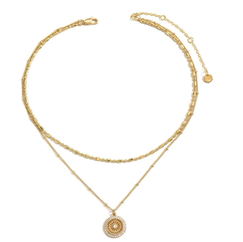 Layered Gold Chain Necklace with Crystal Medal Pendant – Minimal Chic