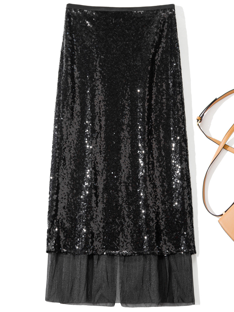 Soft Silver Sequin Midi Skirt with Back Slit