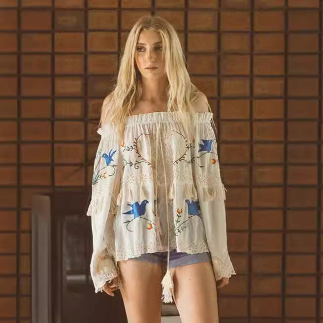 Embroidered Cotton Hollow Shirt – Soft Boho Layer