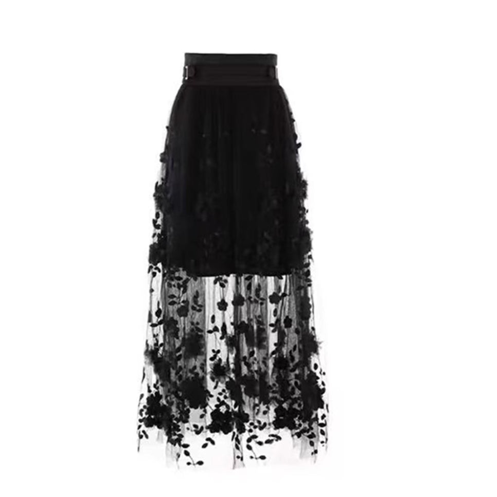 Black floral lace skirt on a white background